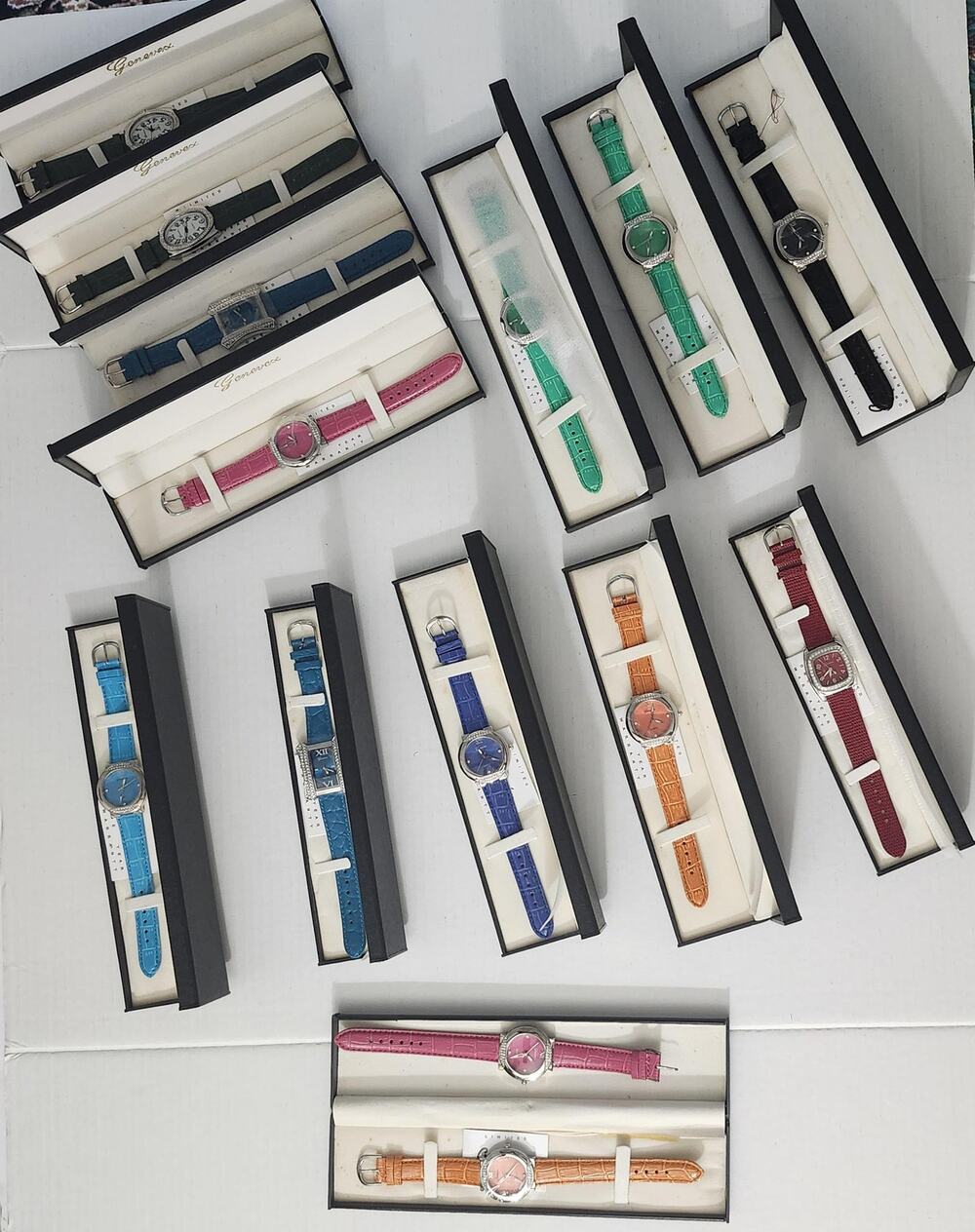 Vintage Genevex Womens Watch Lot 14 Boxed Quartz Colorful Leather Strap Set